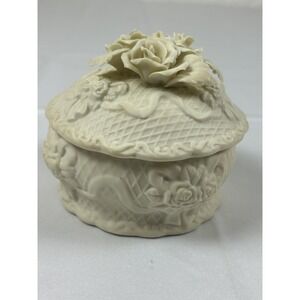 Vintage 1980's Porcelain Bisque Ivory W/lid Trinket Jewelry Vanity Box w Roses